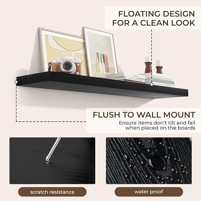 RICHFOCUS 48Inch Floating Shelves for Wall 1 Pack Shelves for Bedroom|Kitchen|Bathroom Wall Mounted Rustic Wood Floating Shelf with Invisible Brackets for Books|Storage|Decor, Black