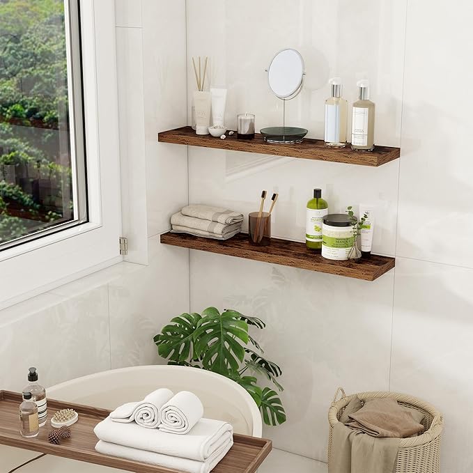 Fun Memories Floating Shelves for Wall, 30" Rustic Wood Deep Wall Mounted Shelves with Invisible Brackets for Decor & Storage, Floating Shelf for Living Room, Bathroom (Rustic Brown, Set of 2)