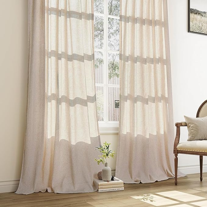 FMFUNCTEX Pinch Pleated Curtains 84 Inches Long for Living Room, Beige Semi Sheer Faux Linen Textured Pleat Drapes for Bedroom with Hooks, Light Filtering Neutral Farmhouse Window Drapes 2 Panels