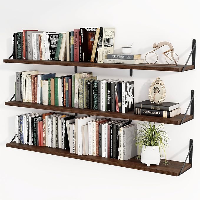 Heimlove 48 Inch Large Floating Bookshelves Set of 3,Wall Mounted Bookshelves,Heavy Duty Wooden Shelves for Living Room,Bedroom,Kitchen,Laundry Room Storage & Decor-Walnut Color