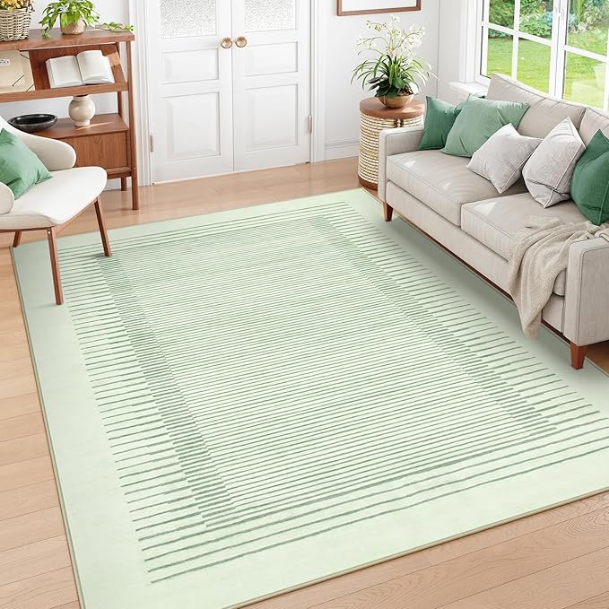 Wonnitar Striped Sage Green 9x12 Rugs for Living Room, Non-Slip Soft Sage Green Bedroom Rug, Low Pile Minimalist Floor Carpet for Nursery Playroom Department (Green,9' x 12')