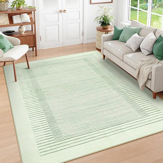 Wonnitar Striped Sage Green 9x12 Rugs for Living Room, Non-Slip Soft Sage Green Bedroom Rug, Low Pile Minimalist Floor Carpet for Nursery Playroom Department (Green,9' x 12')