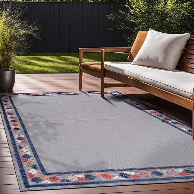 Beverly Rug Outdoor Rug 8x10 Modern Bordered Area Rugs for Indoor and Outdoor Patio Easy to Clean Non Shedding Living Room Porch Garden Washable Outside Carpet (8 x 10 Gray)