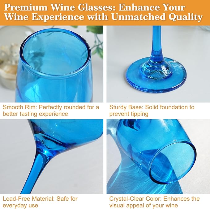 Blue Wine Glasses Set of 6-12oz Blue Long Stem Wine Glass Cups, Pretty Crystal Glassware, Hand Blown Goblets Drinkware, Unique Drinking Stemware Holiday Gift Set