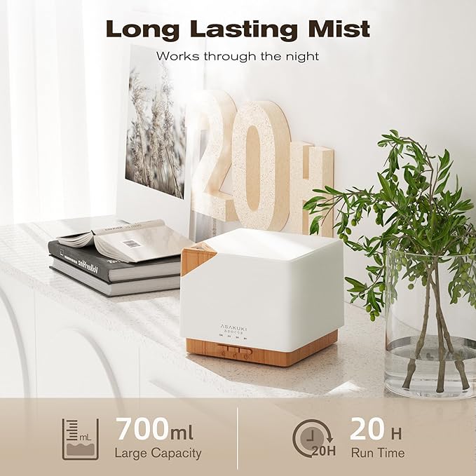 ASAKUKI 700 ml Premium Essential Oil Diffuser, 5 in 1 Ultrasonic Aromatherapy Fragrant Oil Vaporizer Humidifier, Timer and Auto-Off Safety Switch, 7 LED Light Colors