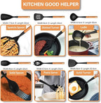 Silicone Cooking Utensils Set, 6 Pack Large Kitchen Utensils Set with Wooden Handle, Heat Resistant Silicone Utensil Spatula Set for Nonstick Cookware, Spatula, Turner, Spoon, Ladle BPA Free (Black)