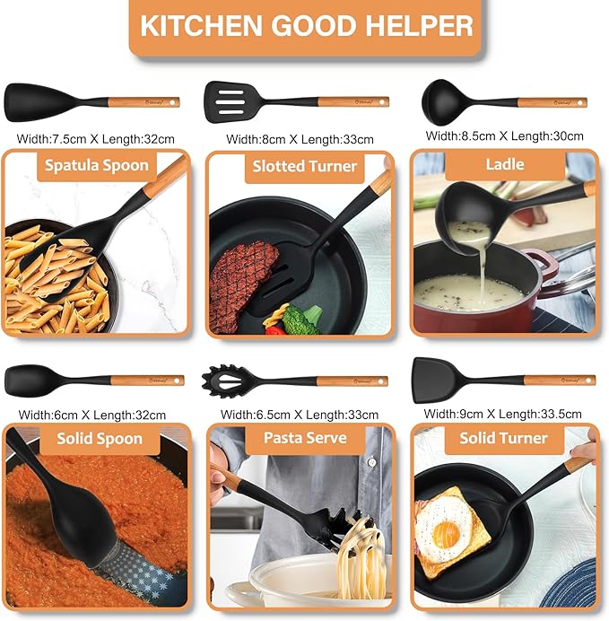 Silicone Cooking Utensils Set, 6 Pack Large Kitchen Utensils Set with Wooden Handle, Heat Resistant Silicone Utensil Spatula Set for Nonstick Cookware, Spatula, Turner, Spoon, Ladle BPA Free (Black)
