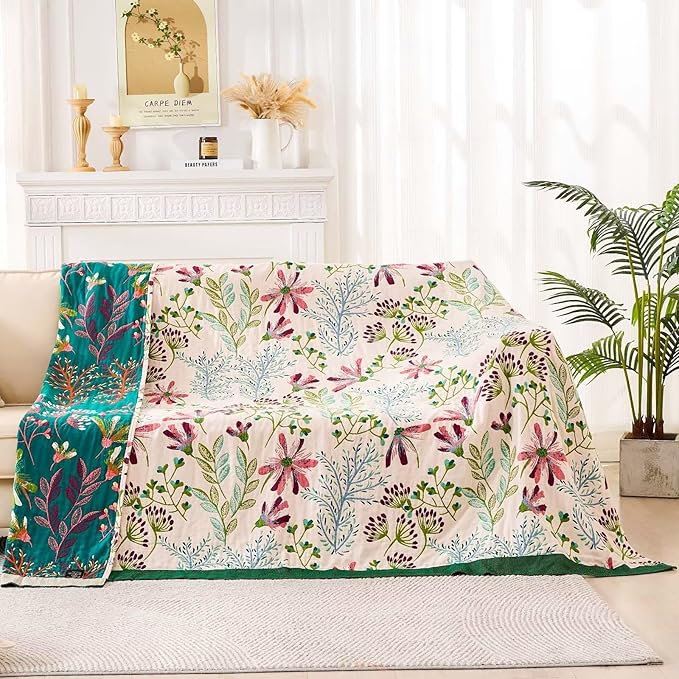 Boho Throw Blanket for Bed, 100% Cotton Soft Rustic Quilt Fall Blanket, 60"x80" Floral Printed Farmhouse Decor Bed Blankets, All Season Rustic Reversible Bohemian Throw Quilt