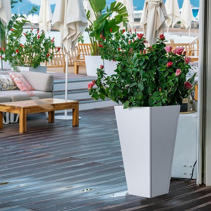 Tall Tapered Planter Taper Metal Modern Flower Plant Pot White Square Galvanized Steel Planter 26 In Indoor Outdoor for Front Porch Garden Patio Grande Plant Tree Commercial Residential Heavy Duty