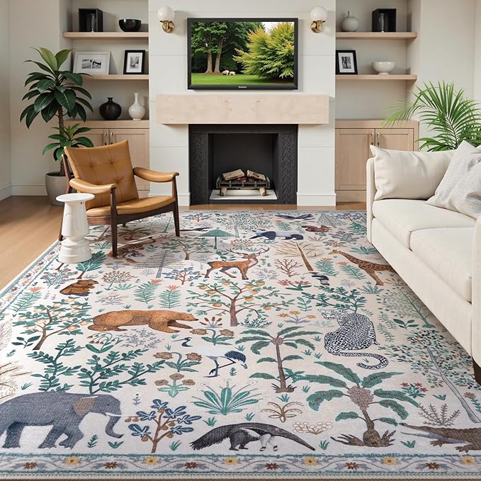 OJIA Jungle Living Room Rug 9x12 Washable Rugs for Bedroom, Ultra-Thin Modern Beige Non-Shedding Large Area Rug Playroom Rug Non-Slip Stain Resistant Accent Carpet for Kids Room Dining