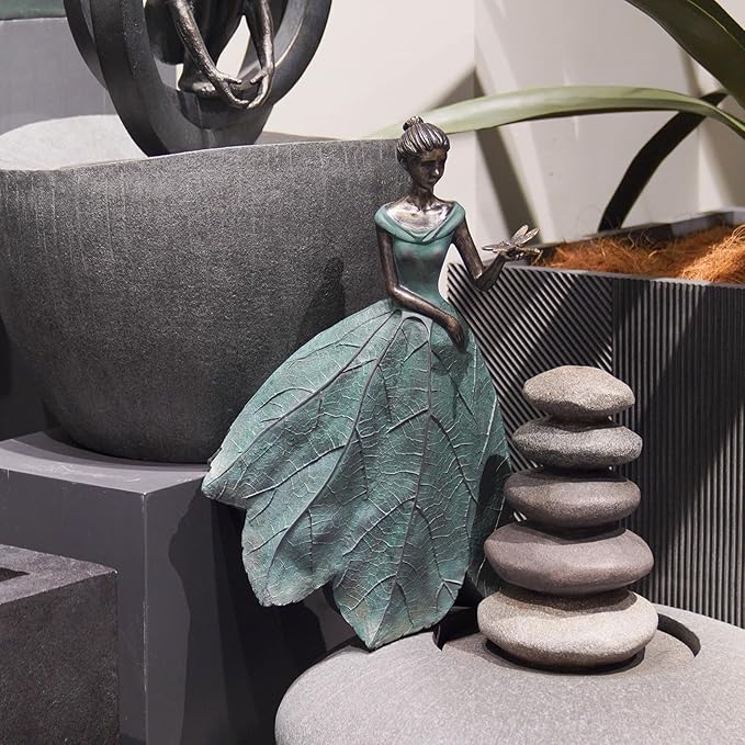 Guichifun Fairy Statue Collection Home Decoration - Leaf Angel Girls with Dragonfly Resin Home Decor for Outside or Inside Rustic Garden Outdoor Yard Decorations Figurines Gift 12 x 8.5 x 18 Inch