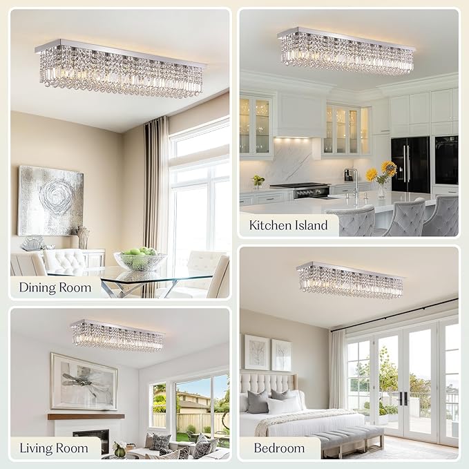 Luxury Lighting Fixture Chandelier Rectangular with Raindrop Crystals Pendant Light Fixture 10-Lights Modern Crystal Rectangle Flush Mount Chandelier for Living Room Dining Room Bar L47 Inch