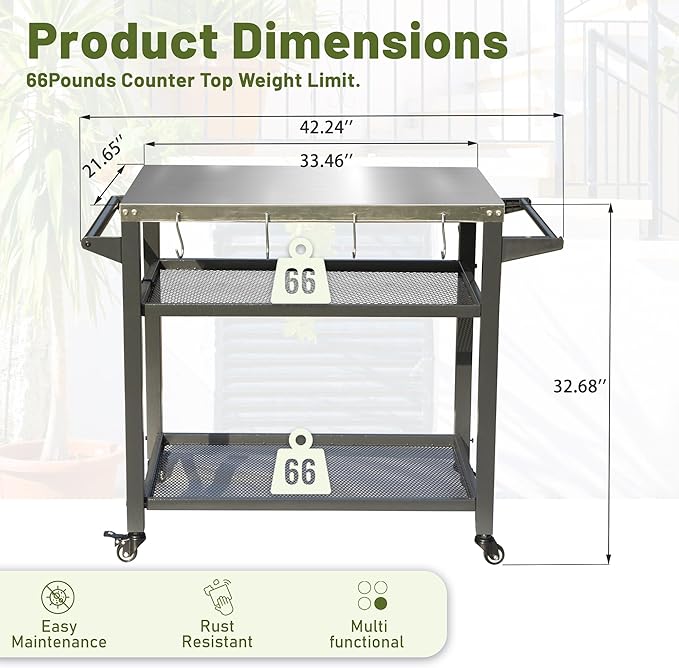 Domi 3-Shelf Outdoor Grill Table, Grill Cart with Wheels, Outdoor Pizza Oven and Food Prep Table, Blackstone with Stainless Steel Tabletop, BBQ Stand for Blackstone Griddle for Outside BBQ