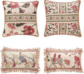 patdrea Designer Throw Pillow Covers Set of 4,Vintage Red Linen Pillowcases with Flower and Birds Pattern Pillows Cover for Couch,Farmhouse Decorative Cushion for Bed Living Room Outdoor Car