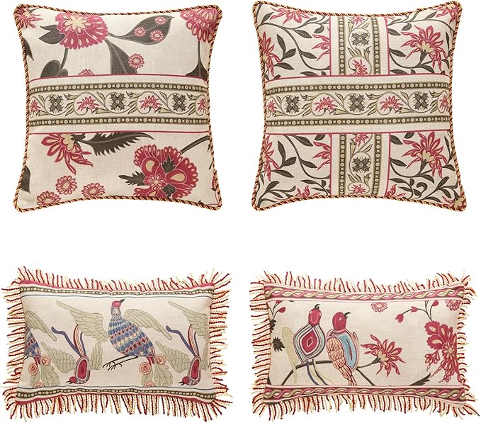 patdrea Designer Throw Pillow Covers Set of 4,Vintage Red Linen Pillowcases with Flower and Birds Pattern Pillows Cover for Couch,Farmhouse Decorative Cushion for Bed Living Room Outdoor Car