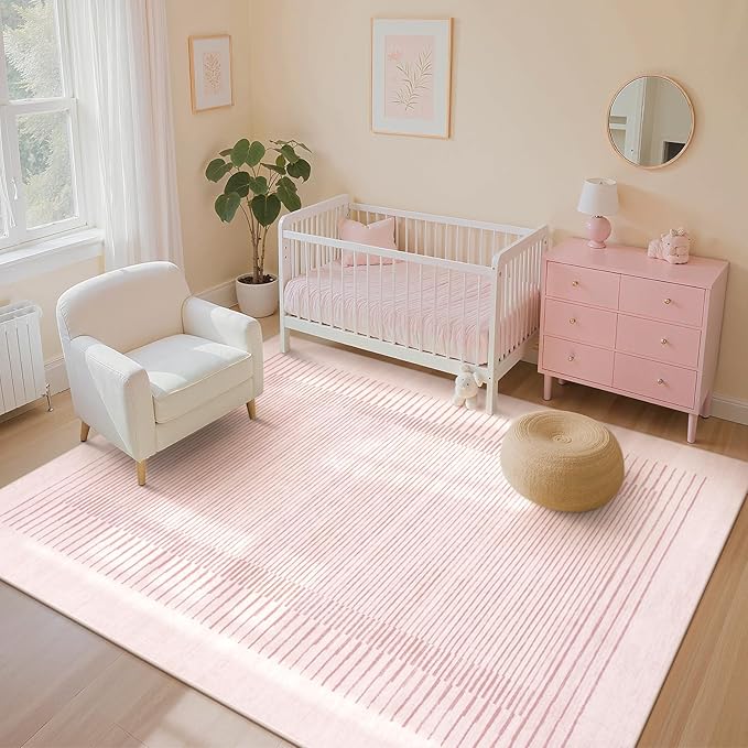 Wonnitar Washable Striped Living Room Area Rug 5x7, Non-Slip Berber Stripe Pink Area Rugs for Bedroom Girls, Low Pile Soft Large Throw Carpet for Kids Nursery Room (Pink,5' x 7')