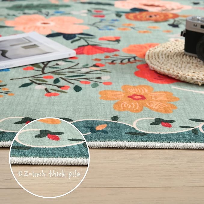 Area Rug 4x6 Rug Washable Boho Rugs Non Slip Low Pile Floral Small Carpet for Bedroom, Bedside, Kids Room, Office, Dining Room(Green)
