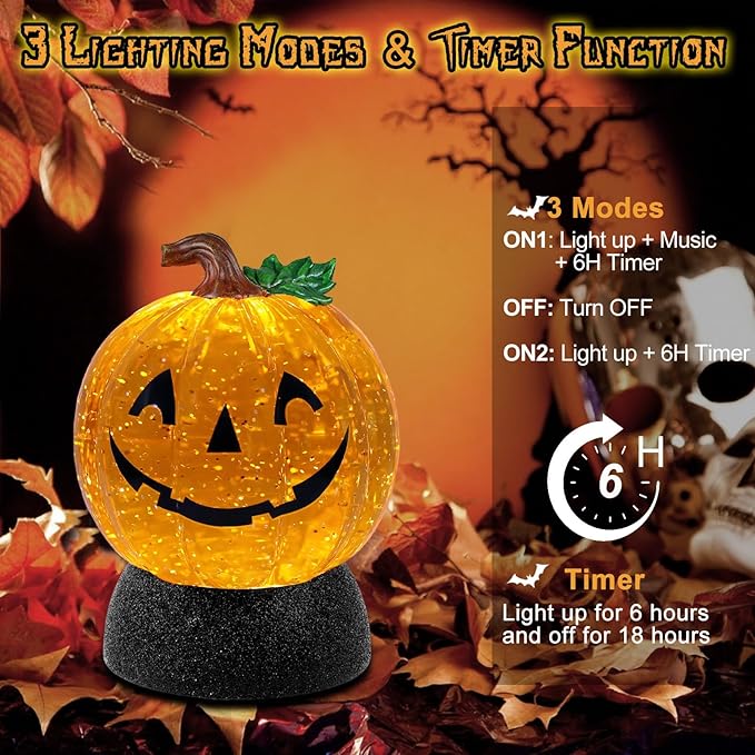 Halloween Snow Globe Lantern Pumpkin Lighted Halloween Snow Globes Battery Operated or USB Powered with 6H Timer Musical Snow Globe Glitter for Spooky Party Home Table Decorations (Pumpkin)