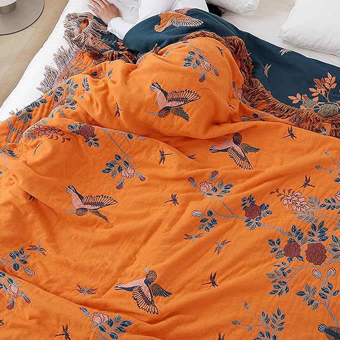 Snycler Boho Throw Blanket for Bed, 100% Organic Cotton Muslin Soft Throw-Floral Bird Farmhouse Rustic Spring Summer Fall Decor Blanket for Couch Sofa Quilt and Gift, 60" x 80" Orange