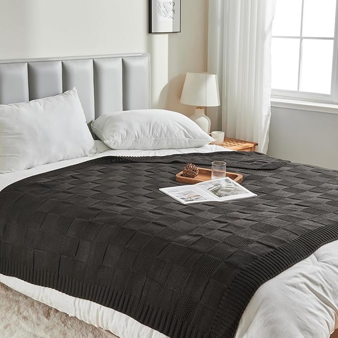 CozeCube Check Knit Throw Blanket, Jet Black Checkered Throw for Couch, Decorative Christmas Soft Cozy Warm Knitted Blanket for Bed Sofa Living Room, 50"X60"