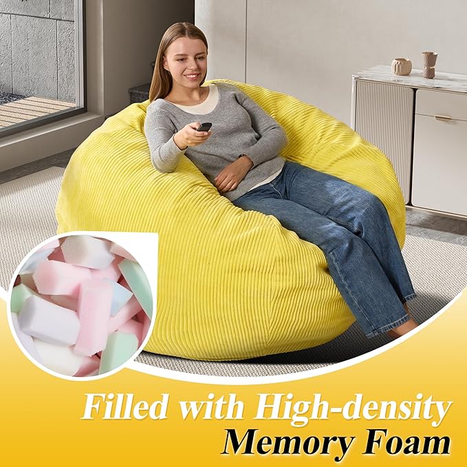 3.5FT Bean Bag Chairs Teardrop Bean Bag Chair for Adults Beanbag Chair with Memory Foam Filled Machine Washable Cover for Living Room, Bedroom (Large,Yellow)