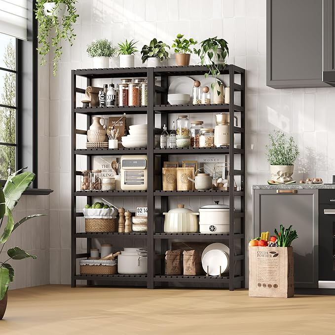 FOTOSOK 6-Tier Bamboo Shelf, Bamboo Bookcase with Adjustable Shelves, Free Standing Storage Shelf Unit, Plant Flower Stand for Kitchen, Bathroom, Home Office, Vintage