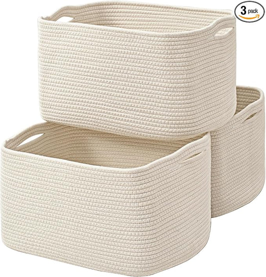 Large Storage Baskets for Organizing Shelves, Woven Cotton Rope Bins for Baby Nursery Organization, Book Toy Towel Organizer, 17"x13"x9.5", 3 Packs, Off White