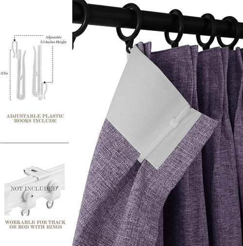 100" W x 96" L Faux Linen Room Divider Curtains, Full Blackout Pinch Pleated Drapes for Traverse Rod, Bedroom Divider Privacy Drapery with Hooks for Ceiling Track, 1 Panel, Violet