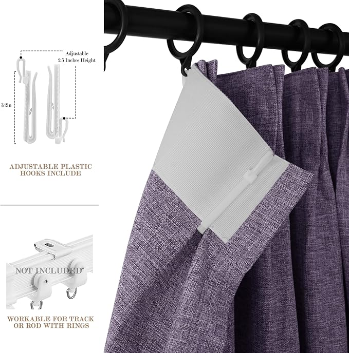 Violet Pinch Pleat 100% Blackout Drapes Linen Blend, Room Divider, Room Darkening, Energy Saving, Furniture Protecting, Light Blocking Extra Wide Privacy Curtains, 200Wx102L, 1 PC