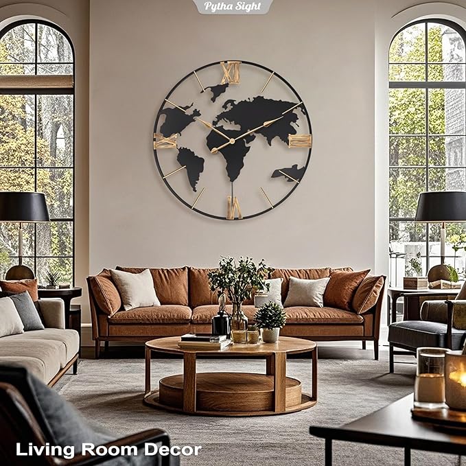 36 Inch Oversized Giant Extra Large Modern Decorative Metal World Map Wall Clock,Big Vintage Gold Roman Numeral Wall Clocks for Living Room,Entryway,Office,Fireplace,Dining Room