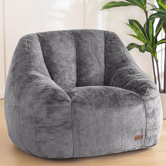 MAXYOYO Bean Bag Chair, Comfy Bean Bag Sofa with Back Support, Faux Fur Bean Bag Chair for Adults and Kids, Stuffed Floor Sofa for Living Room, Bedroom, Apartment, Grey
