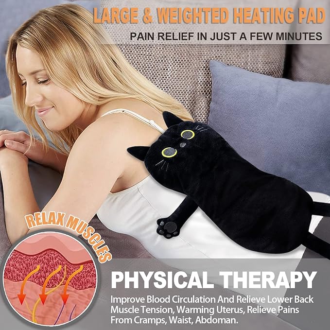 Large Microwave Heating Pad with Washable Cover 21 * 12" Microwavable Heating Pads for Cramps, Back, Neck Shoulder Pain Relief, Cordless Weighted Moist Heat Pack, Black Cat