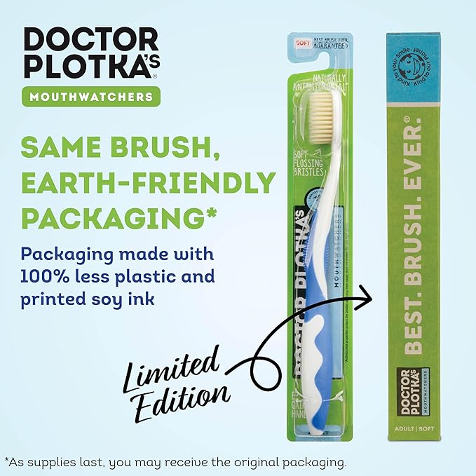 MOUTHWATCHERS Soft Flossing Manual Toothbrush for Adults, 2 Pack, Blue, Ultra Clean, Good for Sensitive Teeth and Gums, by Dr. Plotka's