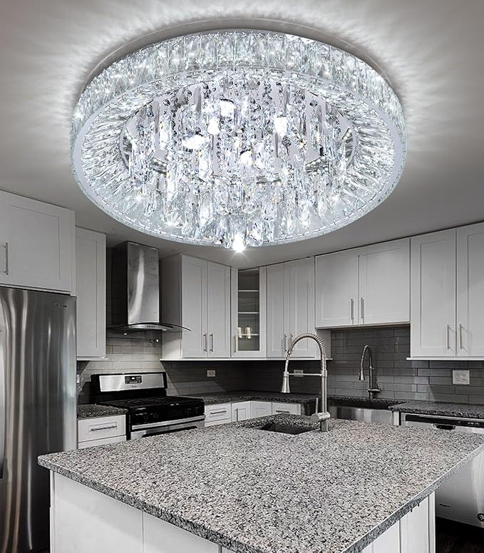 23.6'' Modern Crystal Chandeliers LED Dimmable Flush Mount Ceiling Chandeliers for Living Room Entrance Foyer Bedroom Silver