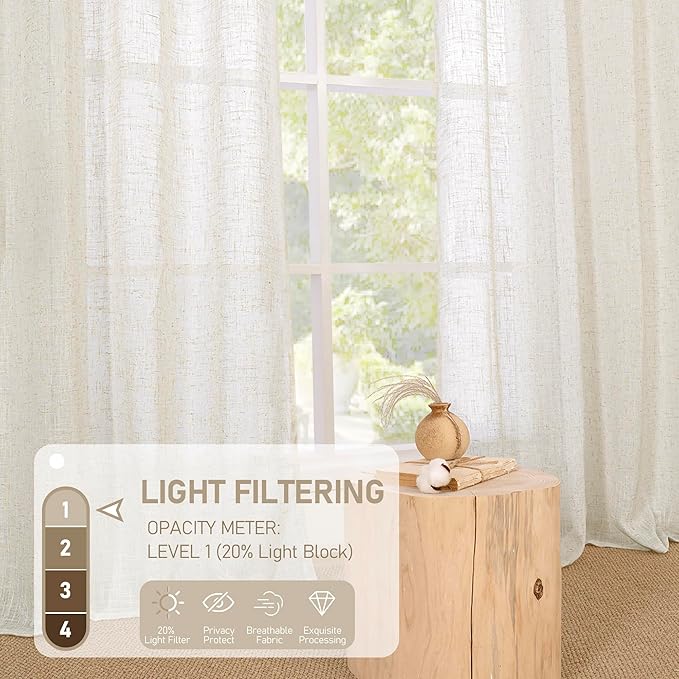 LAMIT 45 Inch Short Window Linen Curtains, Cream Ivory Light Filtering Panels Bronze Grommet Neutral Drapes for Cafe/Bathroom/Loft Room, Natural, 2 Panels, 34 x 45 Inch