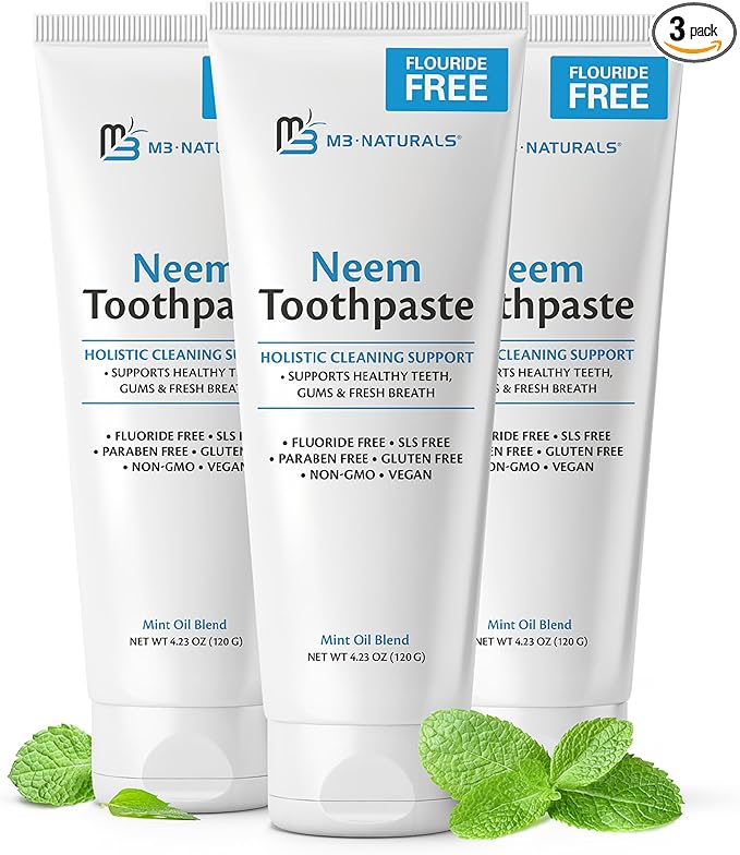 Fluoride-Free Neem Toothpaste with Mint for Adults & Kids with Sensitivity | Vegan, Gluten & SLS Free Herbal Formula for Sensitive Teeth, Healthy Gums and Fresh Breath, 4.23 oz (120g) Pack of 3 by M3