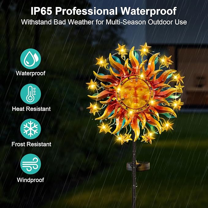 Solar Wind Spinner Metal Sun Decor, Wind Sculptures & Spinners 60.3 in Garden Kinetic Art with Solar Powered Vine String Shining LED Lights for Outdoor Garden Lawn Yard