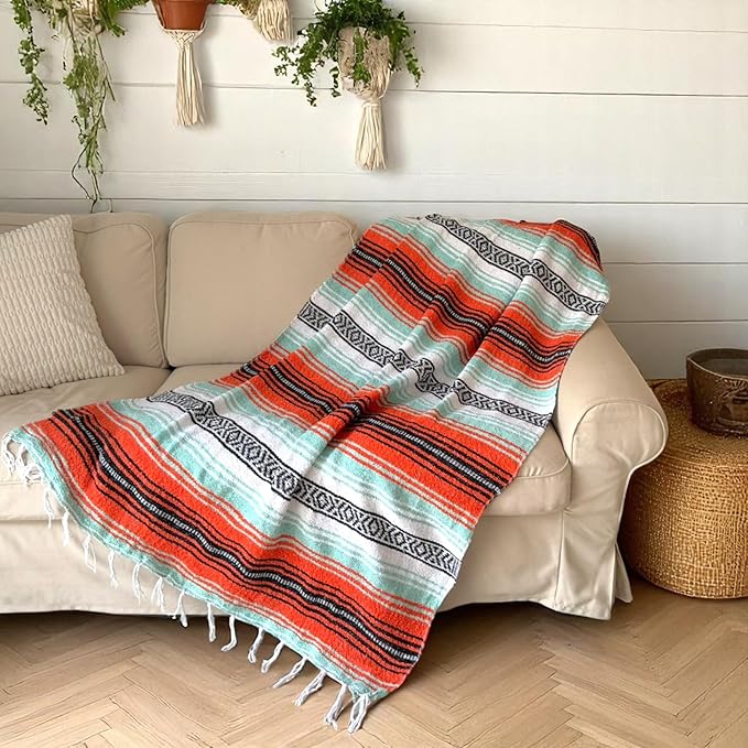 Traditional Handwoven Mexican Blanket, Large Falsa Serape - Soft & Durable - Vibrant Beach, Picnic, Yoga & Camping Mat - Lightweight Boho Throw 70"x50" (Sunset)