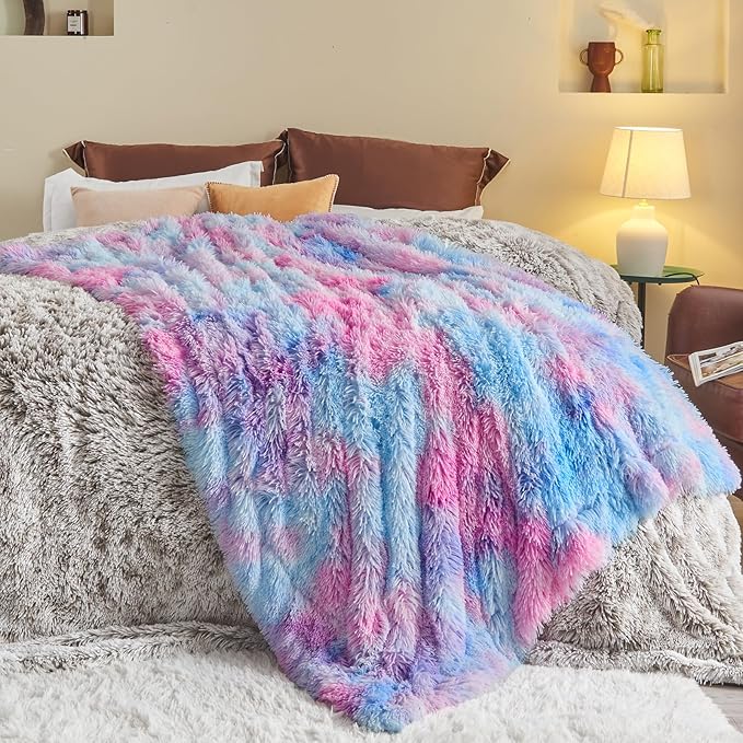 GONAAP Fuzzy Faux Fur Throw Blanket Purple Rainbow Super Soft Cozy Plush Fuzzy Shaggy Blanket for Couch Sofa Bed (Purple Rainbow, Throw(50"x60"))