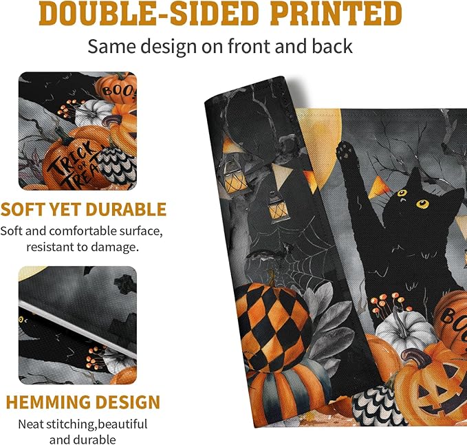 Black Cat Halloween Placemats Set of 4 Spooky Pumpkin Boo Bat Moon Horror Place Mats 12x18 Inch Seasonal Washable Linen Table Mat for Party Kitchen Dining Outdoor Indoor Decor