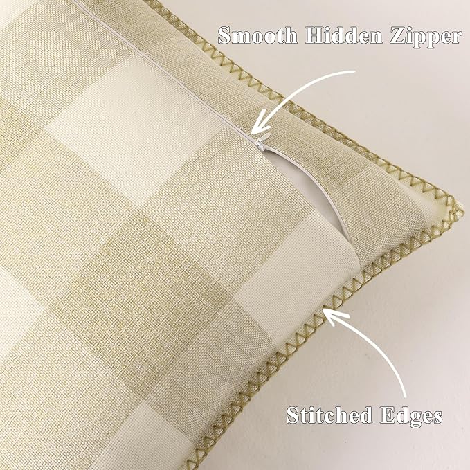 decorUhome Buffalo Plaid Check Fall Throw Pillow Covers 24x24 Set of 2, Outdoor Decorative Farmhouse Pillow Covers with Stitched Edge for Bed Couch Sofa, Cream White and Beige