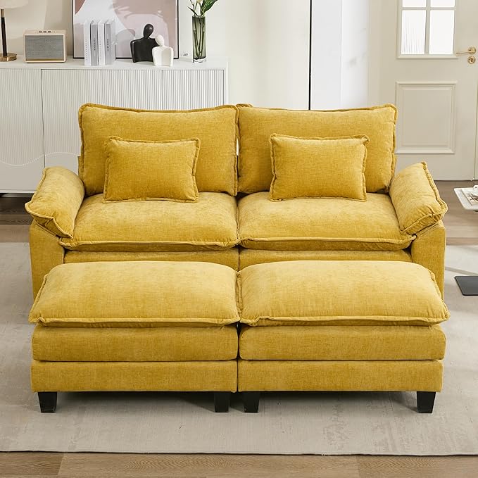 URRED Modular Sectional Sofa Comfy Cloud Couch, Modern Chenille Sofa Sleeper Deep Seat Couches with Ottoman/Pillows for Living Room (Yellow, 82.6''- 2 Ottomans)