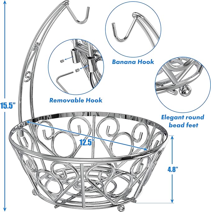 Simple Houseware Fruit Basket Bowl with Banana Tree Hanger, Chrome Finish