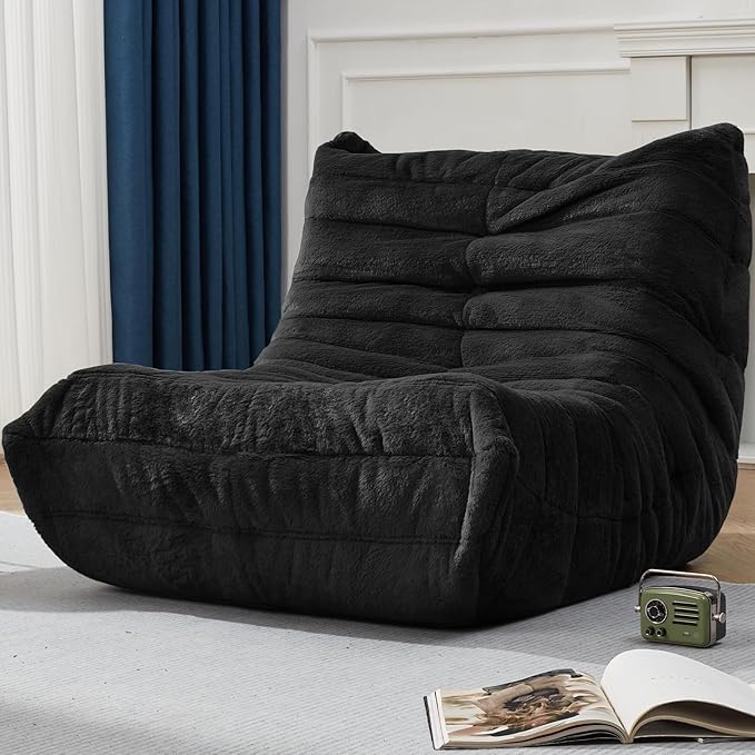Bean Bag Chairs for Adults Giant Bean Bag Chair Memory Foam BeanBag Chair Big Bean Bag Sofa with Filler Faux Fur Fireside Beanbags Lazy Sofa for Living Room Bedroom Dorm Office (Black Plush)