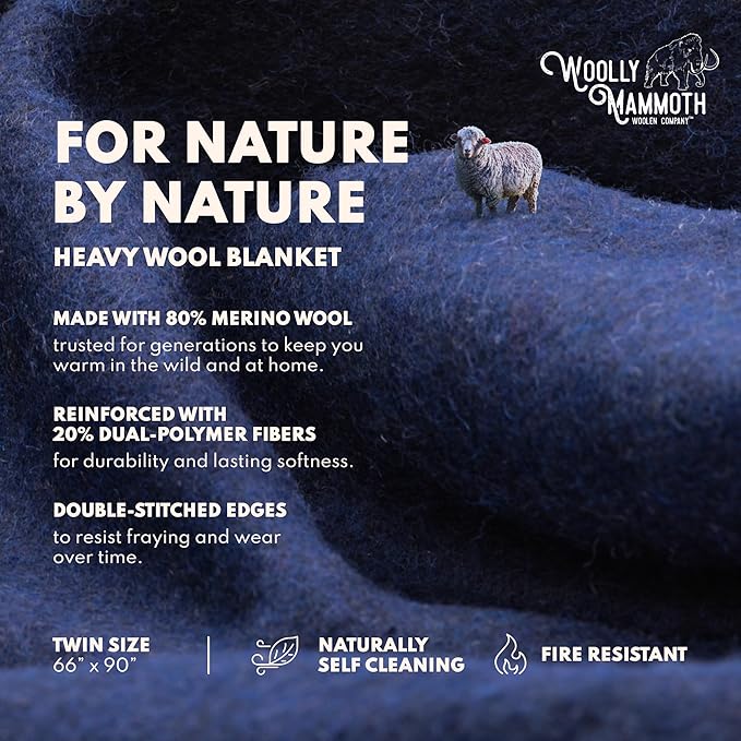 Woolly Mammoth Woolen Company Merino Wool Camping Blanket - 66 x 90 in - Navy Blue - Heavyweight Insulated Outdoor Throw Blanket for Camping & Hiking & Backpacking