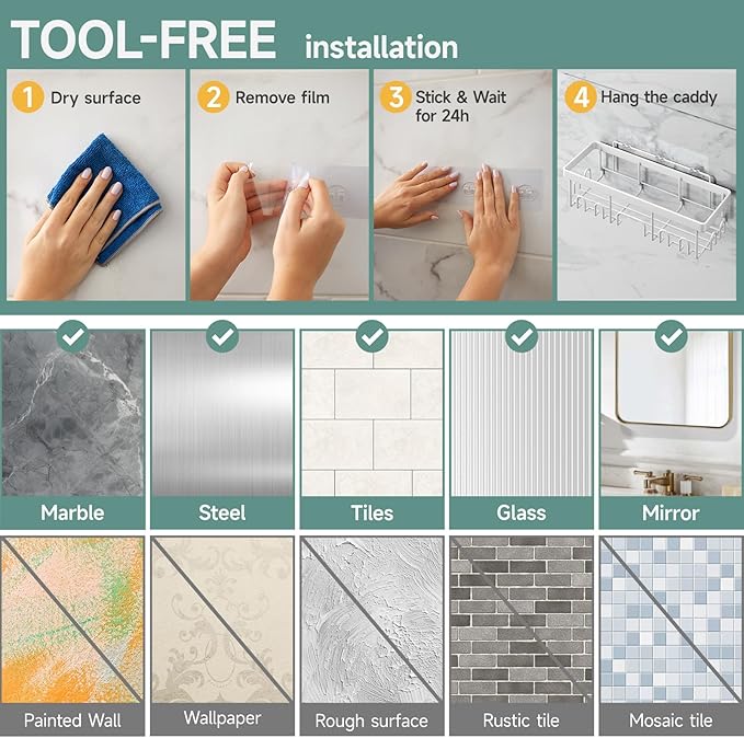 Veken 6-Pack Rustproof Waterproof Shower Caddy, Adhesive Shelves Rack with Soap Holder, Large Bathroom & Washroom Organizer, No Drilling Wall-Mounted Kitchen & Home Decor, Ideal for Bathtub Storage