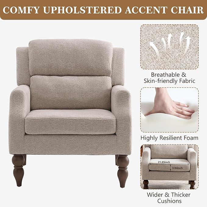 Kidol & Shellder Oatmeal Oversized Accent Chair for Living Room Mid Century Modern Reading Chair with Back Wide Upholstered Comfy Single Sofa Chair Bedroom Lounge Side Corner Boucle Fabric Armchair