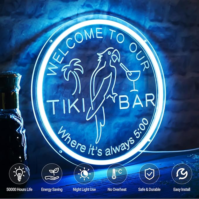 Tiki Bar Neon Sign for Bar Wall Decor, Timing Dimmable LED Neon Bar Lights, 3D Engraving Tiki Parrot Summer Light Up Signs for Home Pub Man Cave Club Restaurant Bistro Party, 12x12 Inch