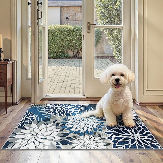 Area Rug 2x3 Blue White Washable Entry Small Rug Multicolored Tropical Botanical Modern Floral Indoor Kitchen Door Mat Entrance Carpet Non Slip for Bedroom Living Room, Porch