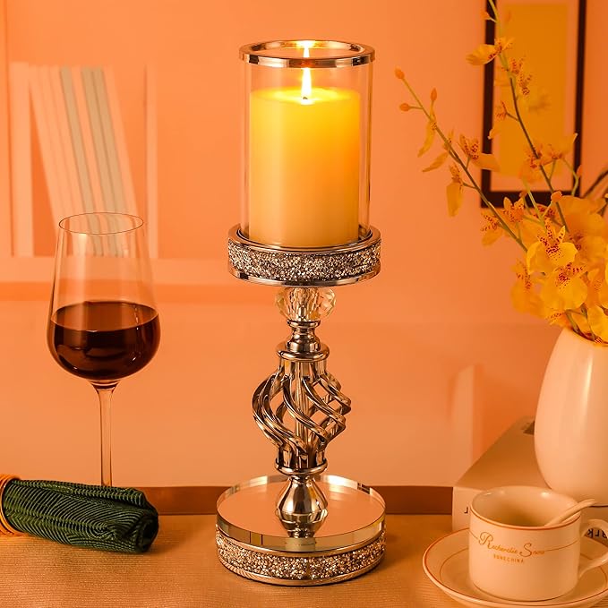 Hanjue Crystal Candle Holders for Pillar Candle, Metal Crystal Candle Holder for Home Decor, Centerpieces, Coffee Dining Table CH0509 (Silver (M))